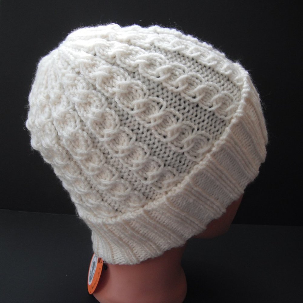 Hand Knitted Hat Toque Adult Size-M-L Acrylic Color White - 031 Hand knit by me